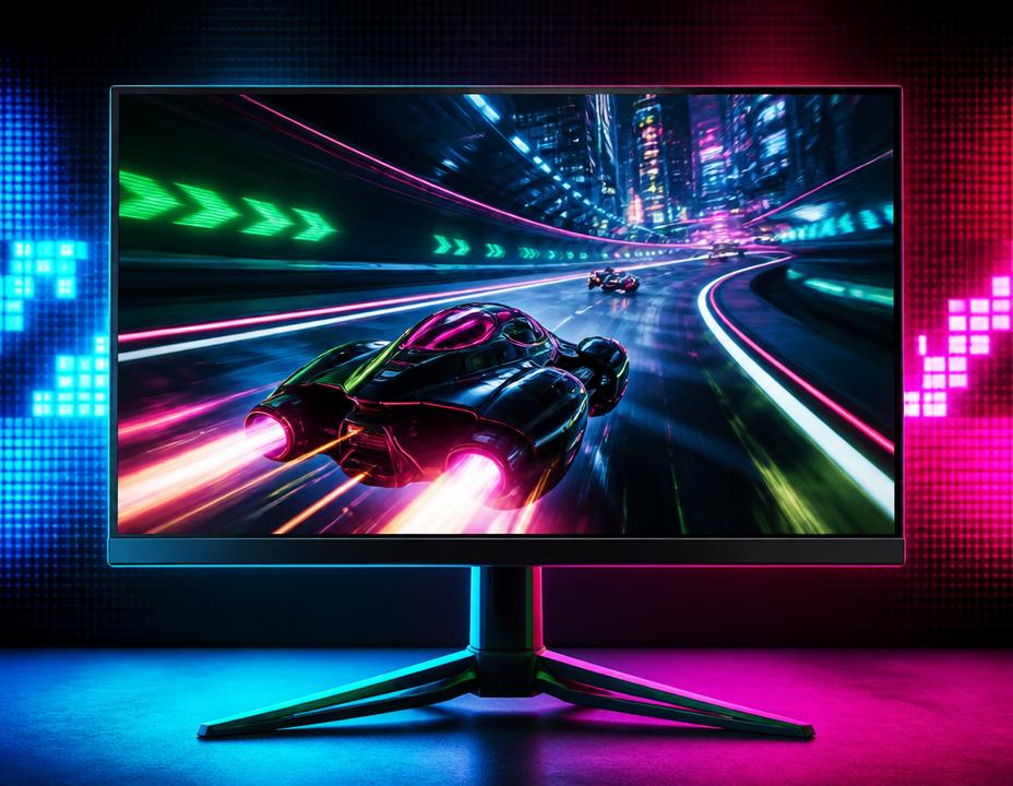 Gaming monitor displaying a futuristic racing game
