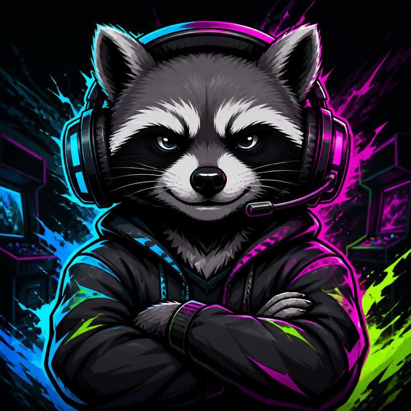 An illustrated raccoon wearing a gaming headset